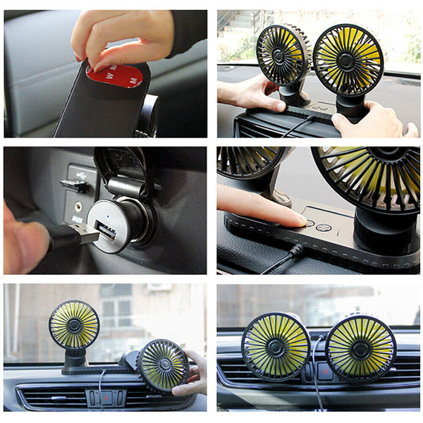 USB Powered Car Fan Dual Head 3-Speed Dashboard Rotation Cooling Fan Air Cooler