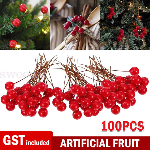 100pcs Red Berries Artificial Fake Fruits Christmas Craft Holly Berry Xmas Decor