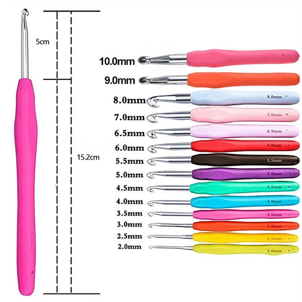 14PCS Knitting Needles Set Sewing Tools Crochet Hook Soft Grip Handles Mix Size