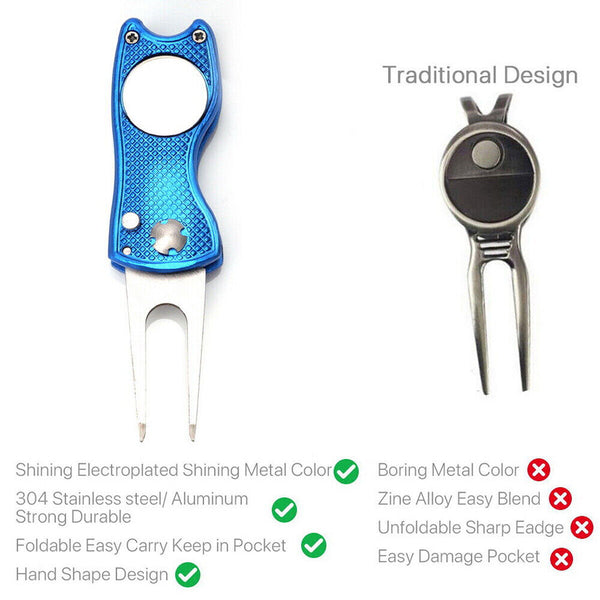 Foldable Metal Golf Divot Repair Tool with Pop-up Button & Magnetic Ball Marker