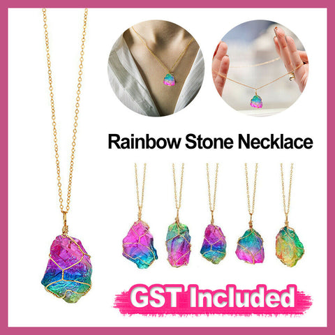 Natural Rainbow Stone Crystal Quartz Chakra Rock Healing Gold Pendant Necklace