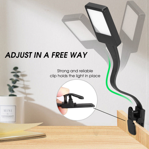 LED  Book Reading Light Lamp USB Rechargeable Flexible Clip On Bed Desk Table