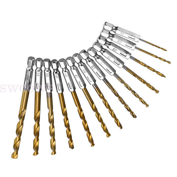 13 PCS Quick Change HSS Titanium Drill Bits Hex Shank Set Soft Metal Wood Timber