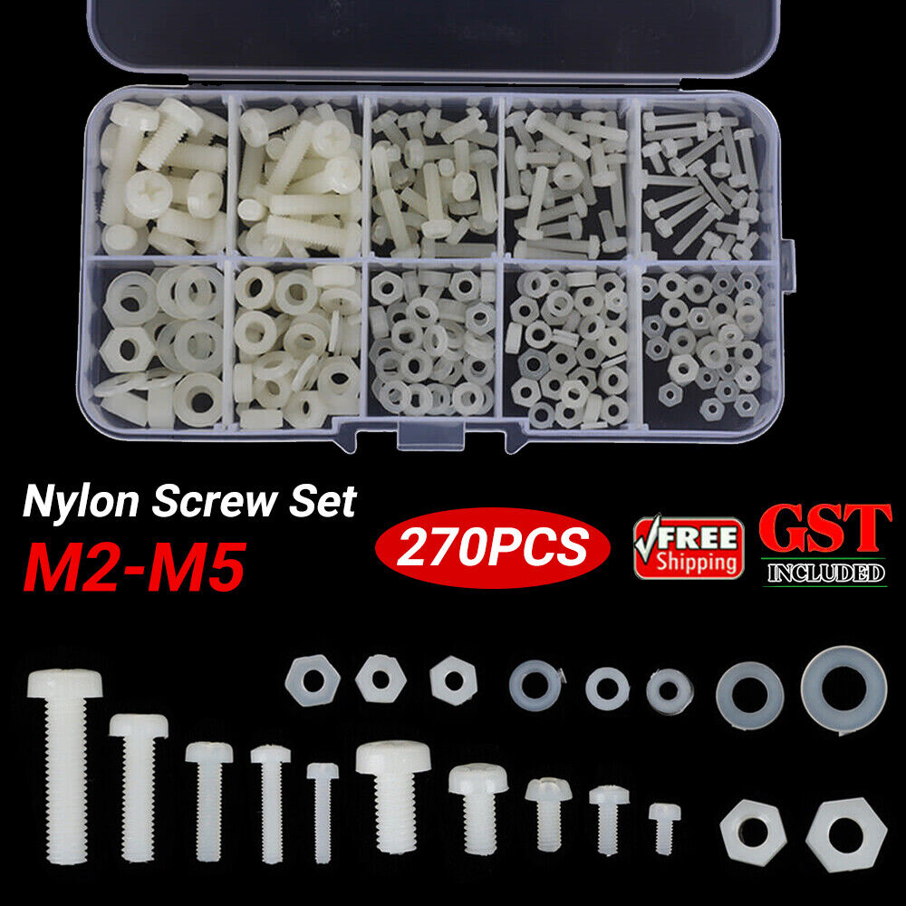 M2 M2.5 M3 M4 M5 (Total 270Pcs) Nylon Screw/Nut/Washer Assortment Kit Come With