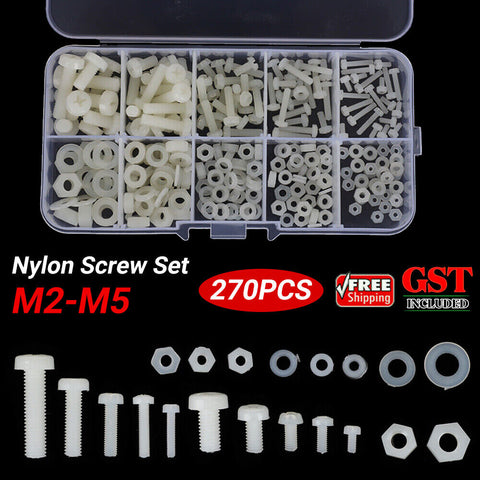 (White 270pcs Nylon Screw Set)Bolts Screws Nylon Screw Nut Bolt Assortment Kit