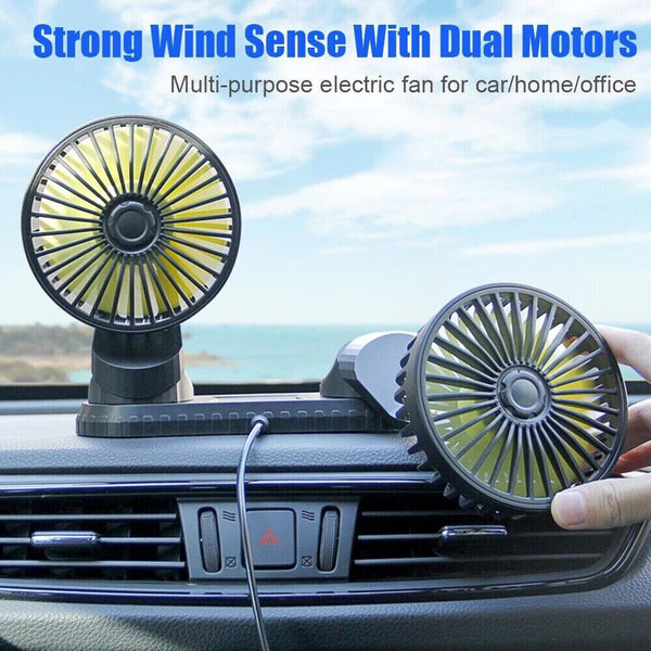 USB Powered Car Fan Dual Head 3-Speed Dashboard Rotation Cooling Fan Air Cooler