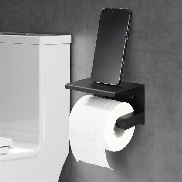 Stainless Steel Toilet Paper Roll Holder Storage Hooks Bathroom Washroom Black