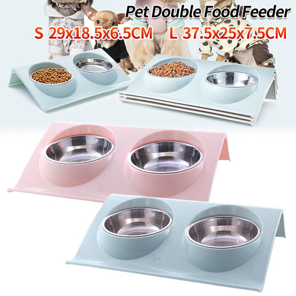 UP4x Stainless Steel Double Pet Bowl Twin Dog Food Feeder Station Dish Water Cat