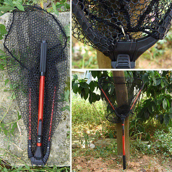 Fishing Landing Net Aluminum Alloy Red Portable Fish Mesh Foldable Pole Handle A