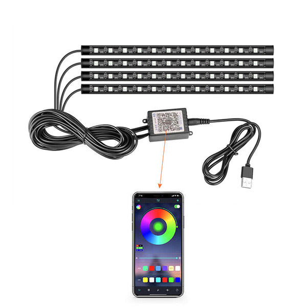 4X 12LED Car Interior Footwell RGB Bluetooth Phone LED Light Strip USB APP AU