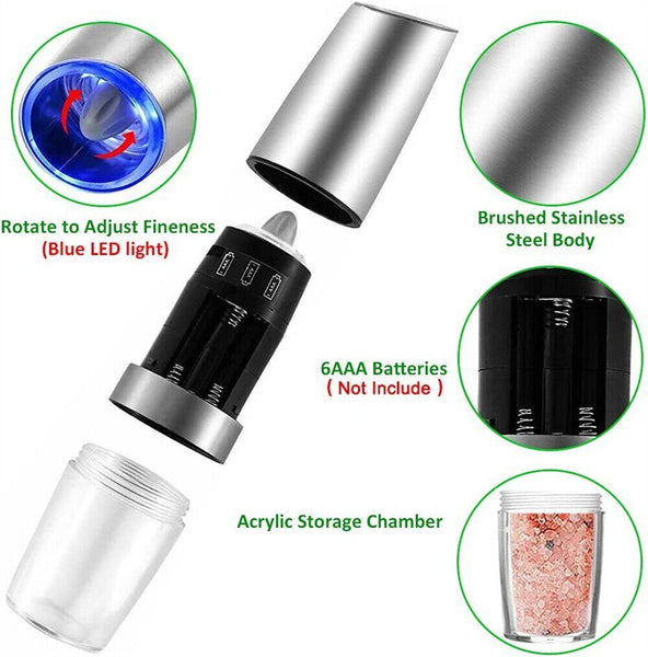 Salt Pepper Mill Grinder Automatic Battery-Operated LED Shakers Gravity Electric