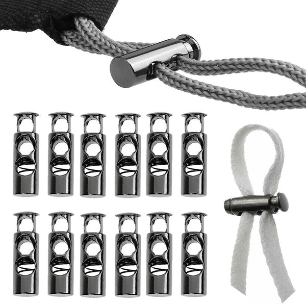 UPTO 100X Double Hole Metal Cord Lock Apparel Clamp Barrel Toggle Spring Stopper