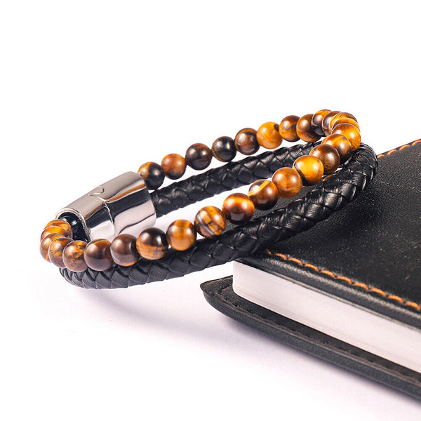 Men's Leather Bracelet Braided Tiger's Eye Stone Stainless Steel Magnetic Clasp