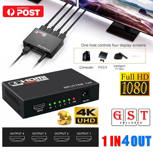 1 in 4 out HDMI Splitter Box Hub HD 1080p Port Amplifier Universal For PC TV DVD