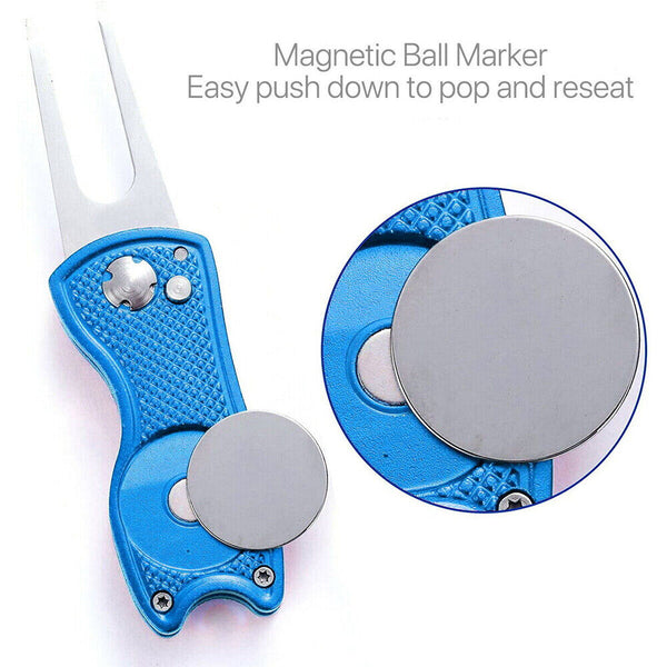 Foldable Metal Golf Divot Repair Tool with Pop-up Button & Magnetic Ball Marker