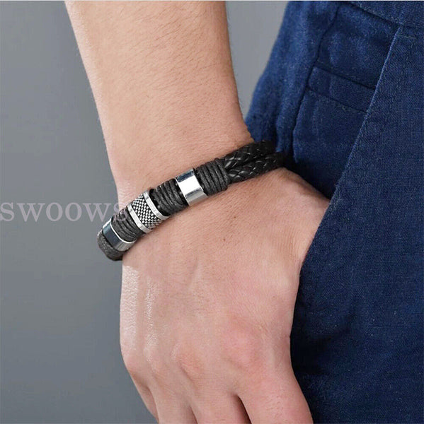 Men's Stainless Steel Magnetic Buckle Bracelet Bangle Cuff Leather Braided