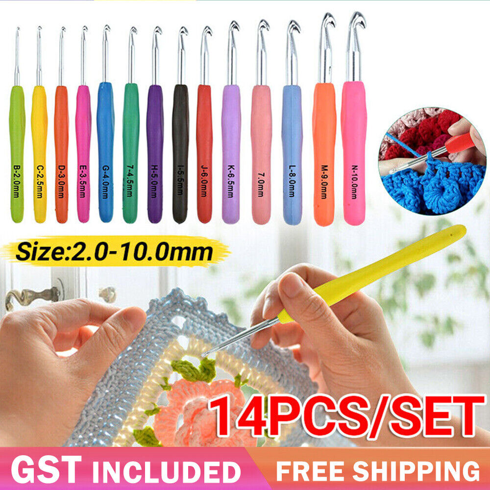 14Pcs Crochet Hook Knitting Needles Set Sewing Tools Soft Grip Handles Mix Size