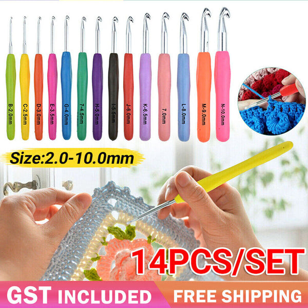 14Pcs Crochet Hook Knitting Needles Set Sewing Tools Soft Grip Handles Mix Size