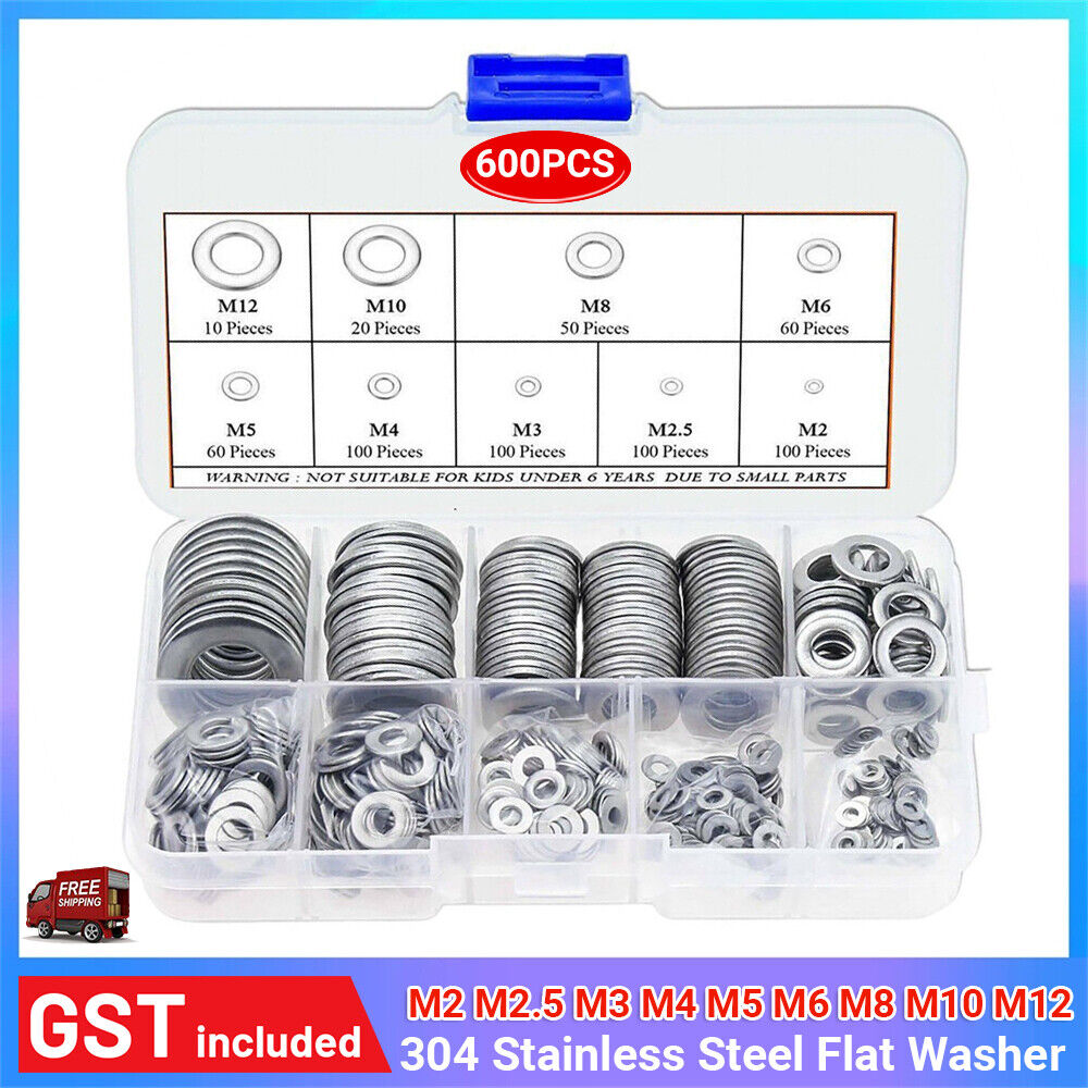 600pcs 304 Stainless Steel Flat Washer Washers Assortment Set Value Kit M2 - M12