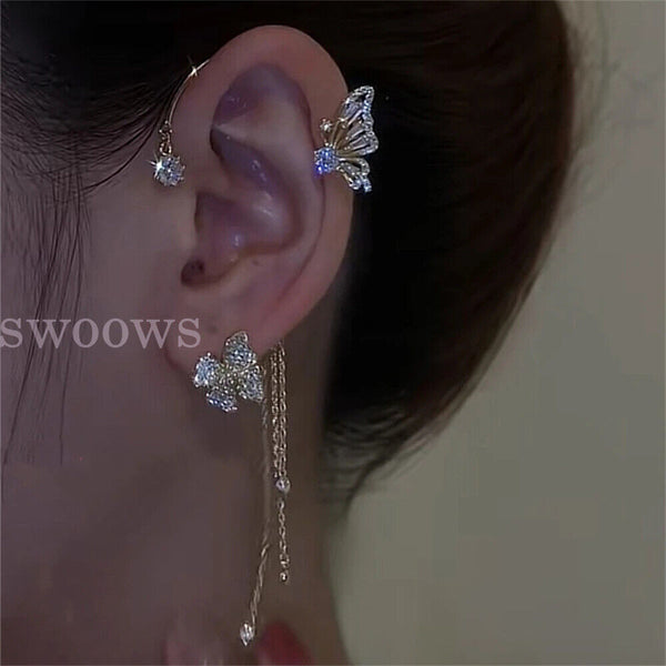 Zircon Butterfly Tassel Ear Cuff Clip Non Piercing Ear Clip Wrap Ladies Earrings