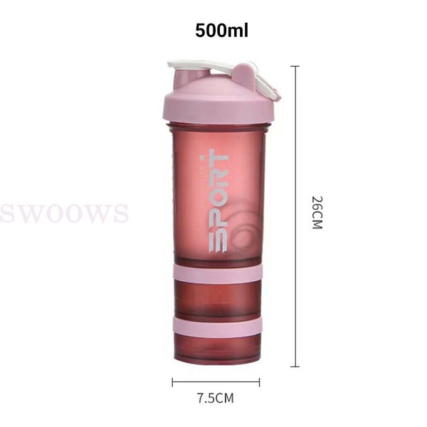 Powder Milkshake Drink Cup Sport Water bottle 500ml 3 tier Protein Shaker Pill