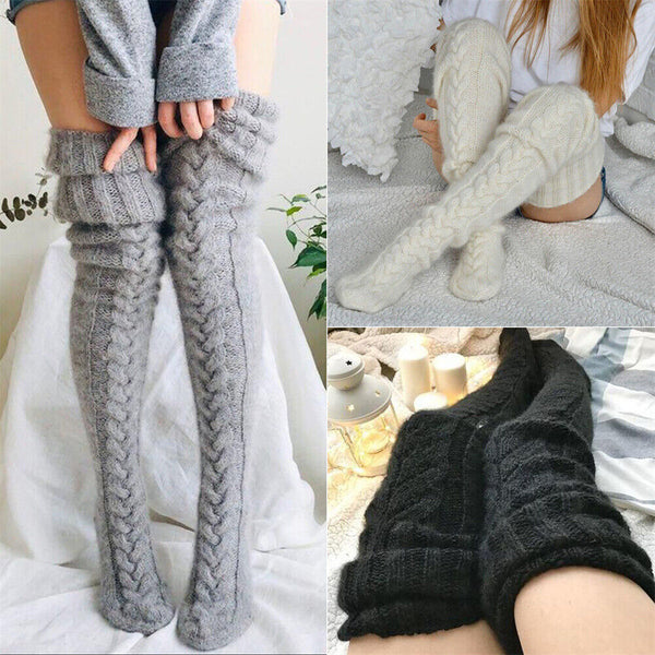 1/2 Women Thigh High Socks Extra Long Woolen Knit Warm Thick Tall Long Stockings