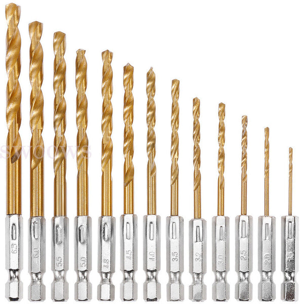 13 PCS Quick Change HSS Titanium Drill Bits Hex Shank Set Soft Metal Wood Timber