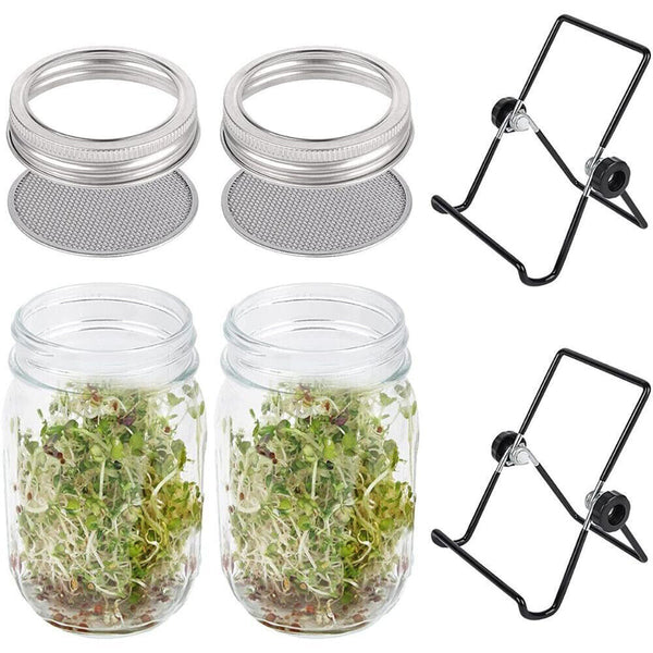 Seed Sprouter Germination Cover Kit Sprouting Mason Jars with Lids & Stands 2Set