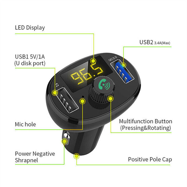 Bluetooth 5.0 Radio Car Kit Wireless FM Transmitter Dual USB Charger MP3 Player