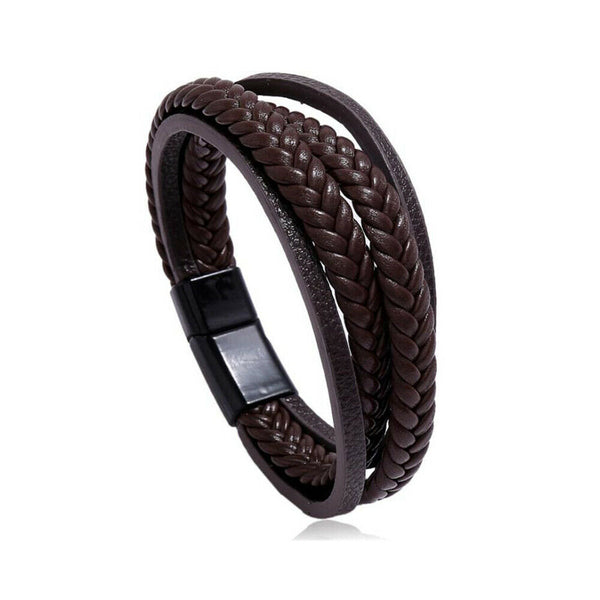 Mens Genuine Leather Bracelet Wristband Stainless Steel Braided Punk Cuff Wrap