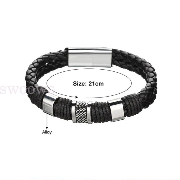 Men's Stainless Steel Magnetic Buckle Bracelet Bangle Cuff Leather Braided