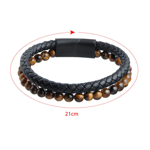 Men's Leather Bracelet Braided Tiger's Eye Stone Stainless Steel Magnetic Clasp