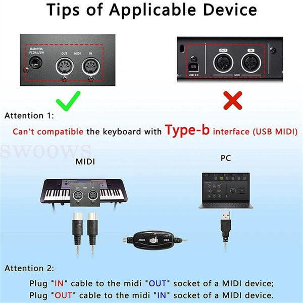 NEW USB IN-OUT MIDI Interface Cable Converter PC IN Music Keyboard Adapter Cord