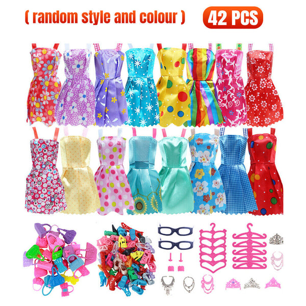 42Pcs Items For Barbie-Doll Jewellery Clothes Set Accessories Dresses Shoes