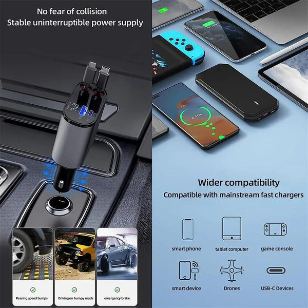 USB Car Charger 4 in 1 Car Charger Adapter Fast Charging with Dual Retractable C