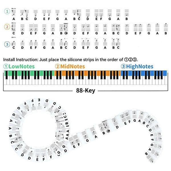 Removable Piano Keyboard Note Labels Reusable Silicone Piano Stickers 88 Keys