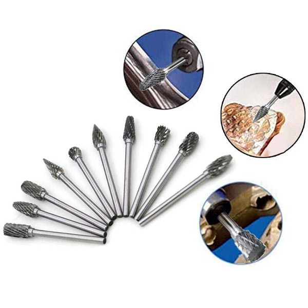 10pcs Tungsten Carbide Point Burr Die Grinder Shank Rotary Drill Bits Set New