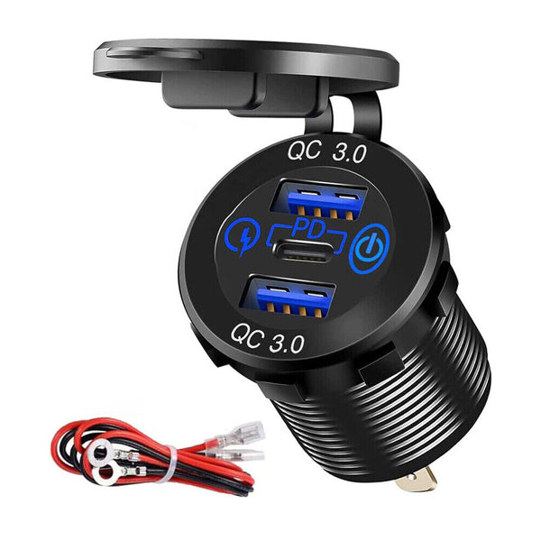 12V 24V Type-C PD+USB Car Charger Socket Adapter Power Outlet Dual USB ON / OFF