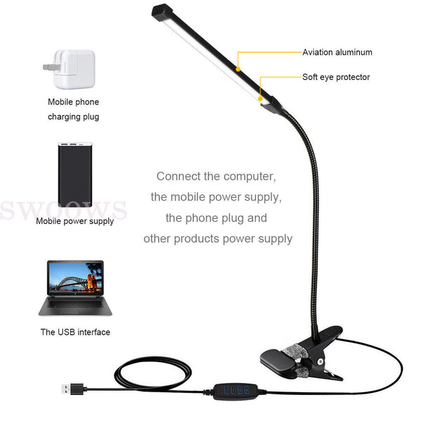 LED Table Bedside Desk Lamp with Clamp Eye-Care Study Reading Light Dimmable USB