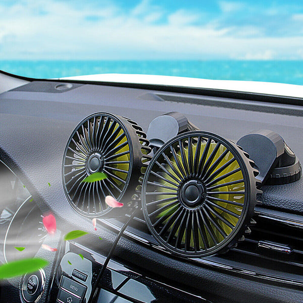 USB Powered Car Fan Dual Head 3-Speed Dashboard Rotation Cooling Fan Air Cooler