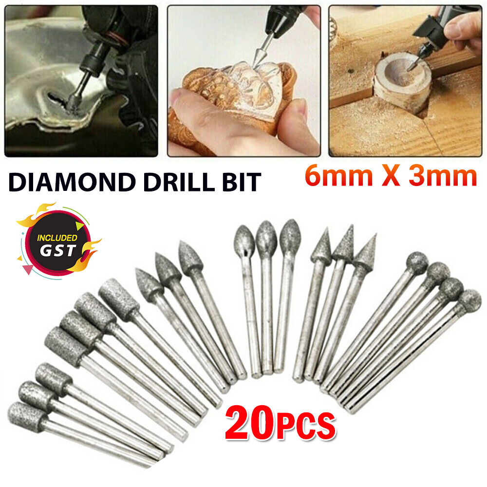 20pcs 6mm Head Diamond Burr Grinding For Dremel Rotary Drill Bit 3mm Shank Tool