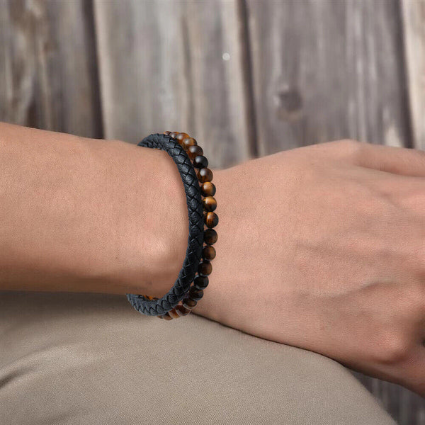 Men's Leather Bracelet Braided Tiger's Eye Stone Stainless Steel Magnetic Clasp