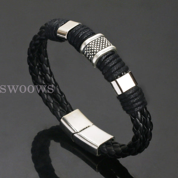 Men's Stainless Steel Magnetic Buckle Bracelet Bangle Cuff Leather Braided