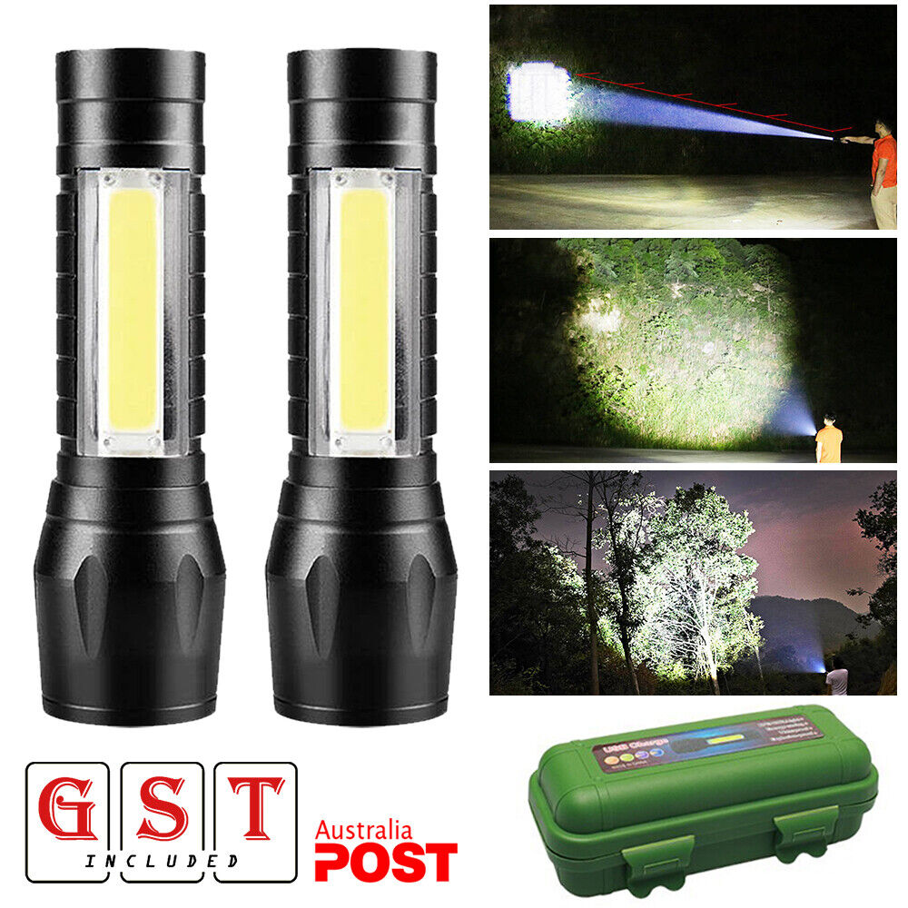 2x 900000LM COB LED Flashlight Zoom USB Rechargeable Camping Small Torch Lamp