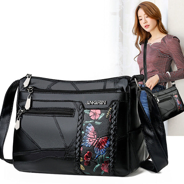 Women Floral Printed Shoulder Bags Multi Pocket PU Leather Crossbody Handbags