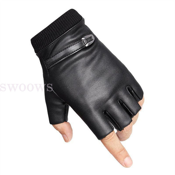 Mens Motorcycle Fingerless Leather Half Finger Driving Biker Black Gloves