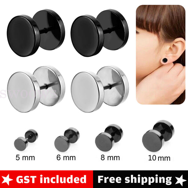 Pair Black Flat Round Barbell Plug Stud Earrings Gym Mens Stainless Steel 5-10mm