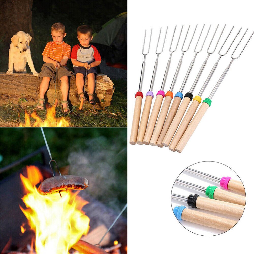 8x 32''Telescoping BBQ Marshmallow Roasting Sticks barbecue Skewers Hot Dog Fork