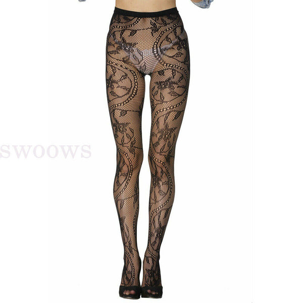 Sexy Pantyhose Stockings Fishnet Floral Lace Pattern Fashion Tights Black