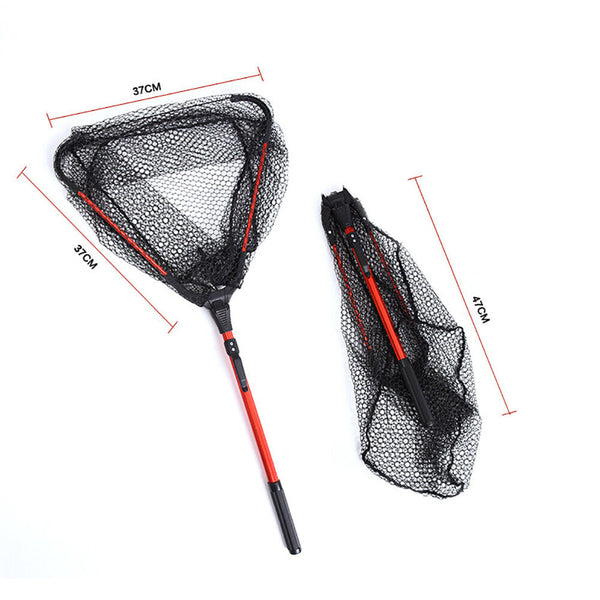 Fishing Landing Net Aluminum Alloy Red Portable Fish Mesh Foldable Pole Handle A